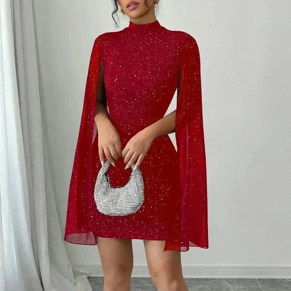 Red Party Women's Fitted Short Casual Mock Neck Flared Sleeve Bodycon Dress